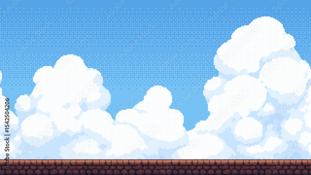 Aufkleber Fantasy game platform background with blue sky and floating clouds. Pixel art level design for video game.