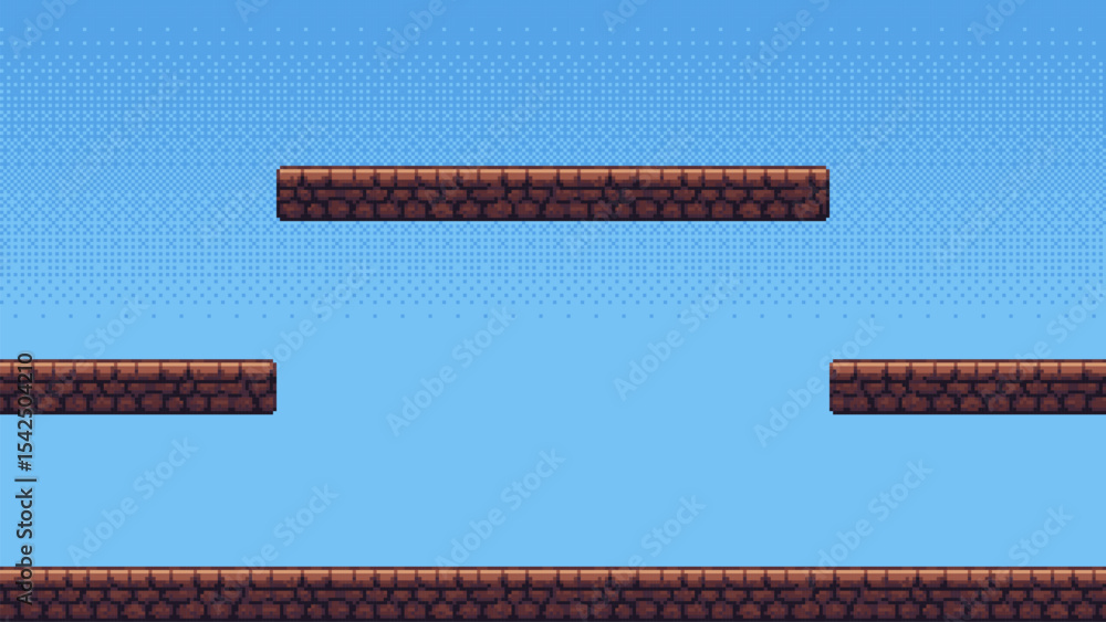 Aufkleber pixel art game level. a digital sky with floating brown rock platforms for a creative old video game