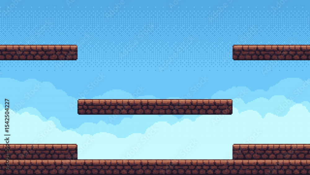 Poster pixel art game level with floating brick platforms and a blue sky in the background, a cartoon horiz