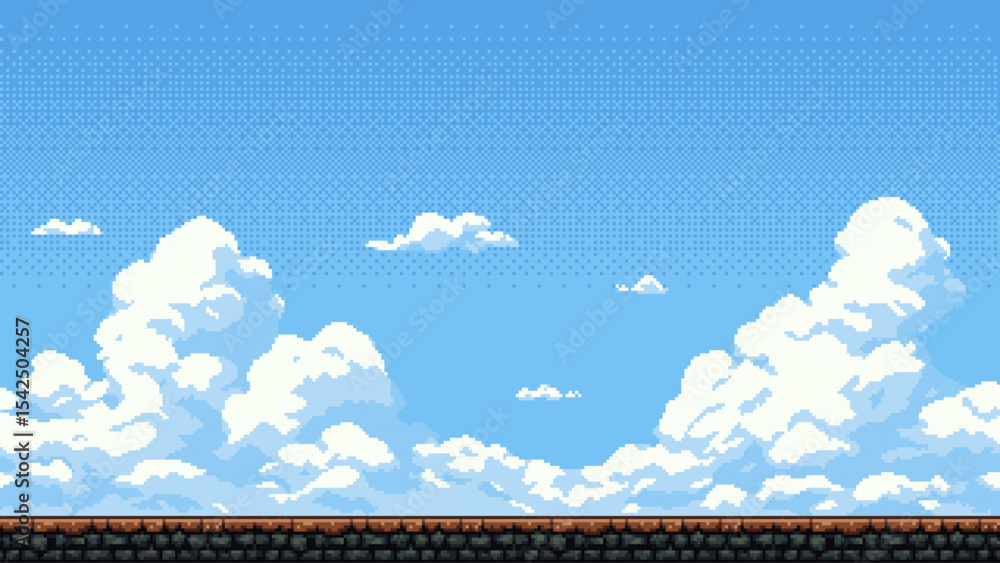 Poster Pixel art game level with blue sky and white clouds. Retro 8 bit background for video game design, mobile app, and cartoon.