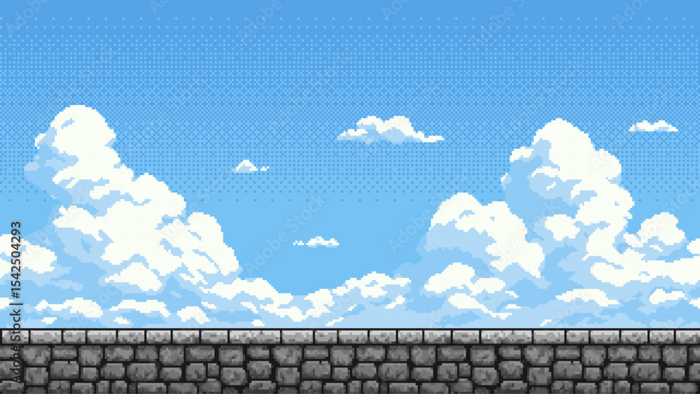 Poster pixelated stone wall and blue sky with white clouds. retro video game background concept for game de
