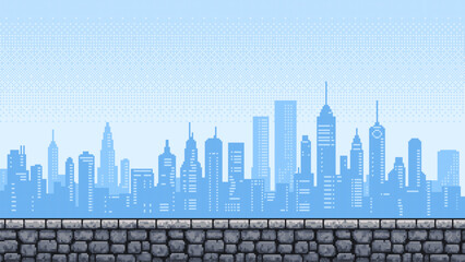 Naklejka na ściany i meble Pixel art game level with a city silhouette and a stone wall platform. Retro video game background with cityscape.