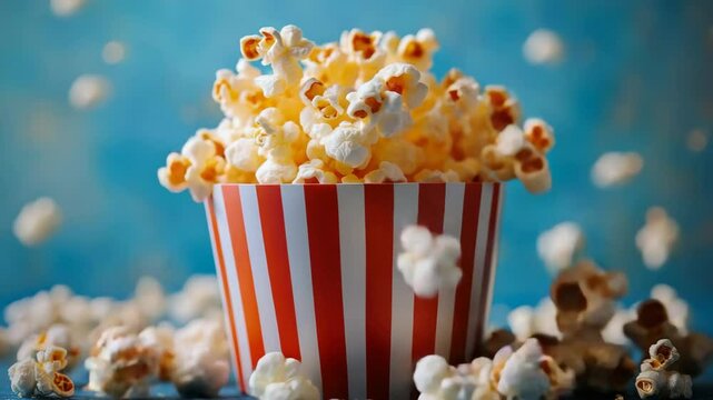 Fresh popcorn overflowing from red striped bucket with blue bokeh background