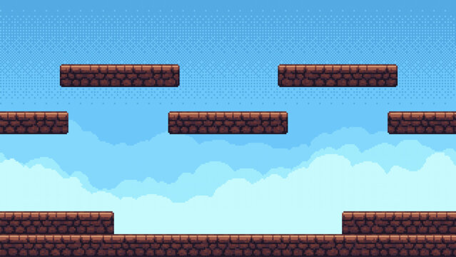 Game level with pixel art brick platforms against a blue sky. Retro video game background for 8-bit or 16-bit arcade design concept.