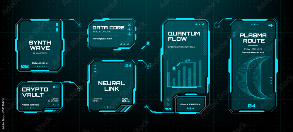 Leinwandbilder Futuristic hud vector graphics elements showcasing data processing on a dark grid background. Digital interface for concept display.