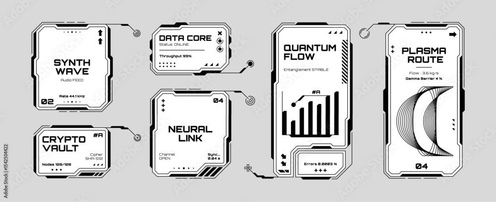 Aufkleber HUD vector graphics for futuristic data display with synth wave, quantum flow, crypto vault. Cyberpunk UI elements.