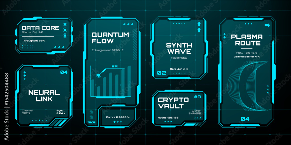 Poster Futuristic hud vector graphics elements showcasing data core, quantum flow, and crypto vault interfaces for digital information display.