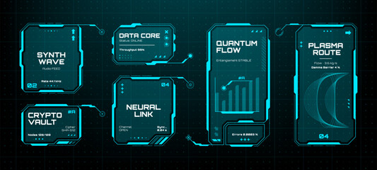 Futuristic hud vector graphics elements showcasing data processing on a dark grid background. Digital interface for concept display. © hiten666