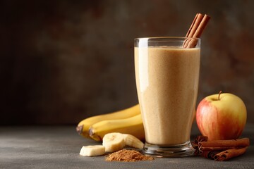 Apple banana cinnamon smoothie in a glass with selective focus