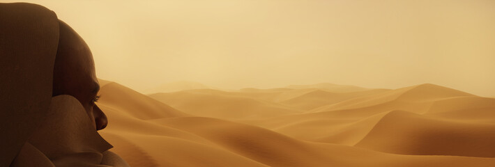 Back view of a covered man looking out over the desert. 3D Rendering