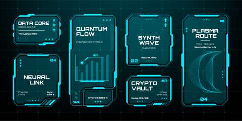 Futuristic hud vector graphics elements showcasing data core, quantum flow, and crypto vault interfaces for digital information display. © hiten666