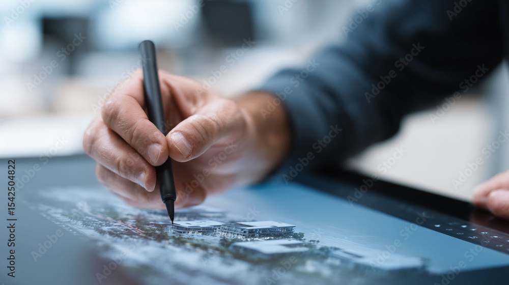 Poster closeup showcases an architects hand using a stylus on a touch screen tablet. the image visualizes d