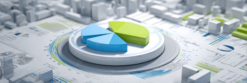 Poster financial pie chart floating over a clean business background with geometric shapes in a modern work