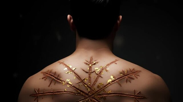 Person Showing Back Scars with Gold Leaf in Studio Shot