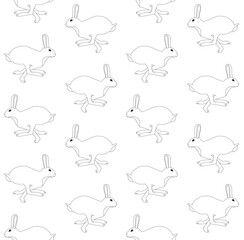 Vector seamless pattern of flat hand drawn outline running hare isolated on white background