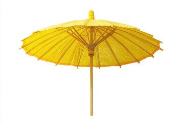 Single yellow drink umbrella on a white backdrop Classic paper shade for cocktails and celebrations