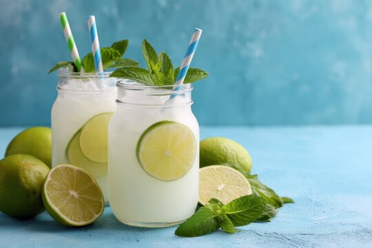Bright backdrop with mint and lime slices in creamy Brazilian lemonade - Powered by Adobe