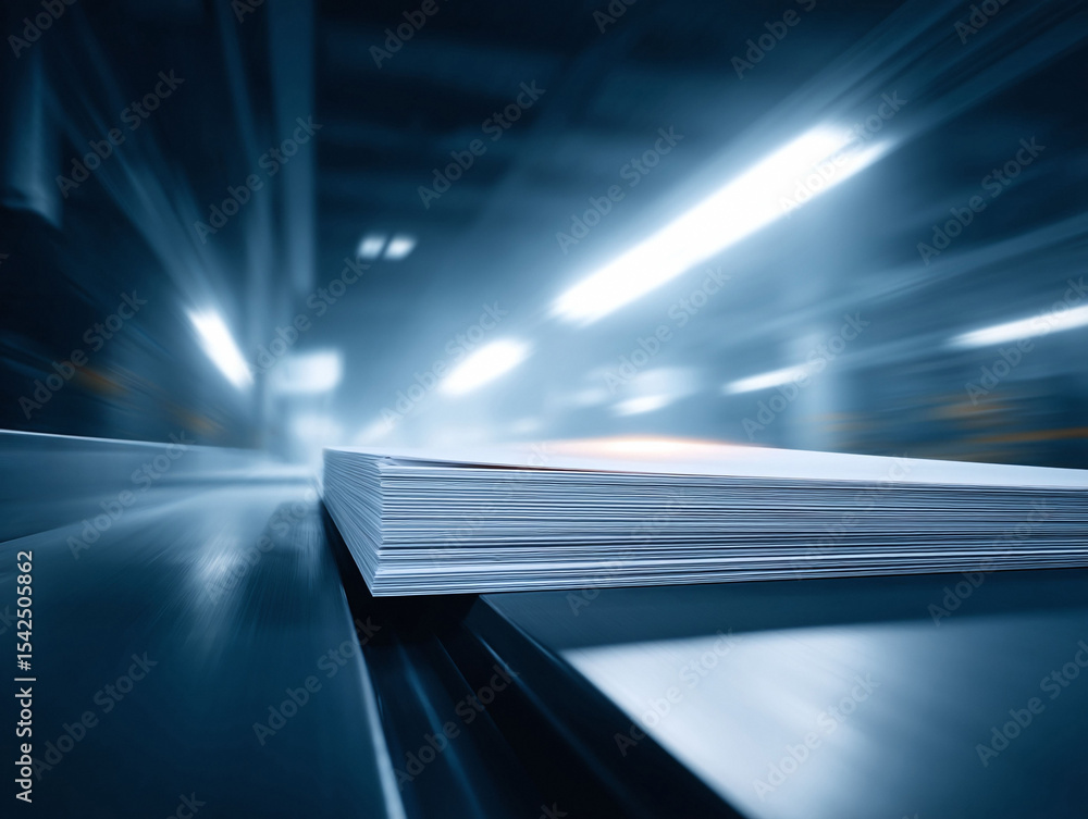 Poster sleek, modern image of a stack of papers moving at high speed. ideal for illustrating concepts like 