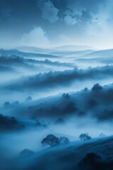 Misty blue mountains landscape with fog and rolling hills at dawn in a dreamlike atmosphere.