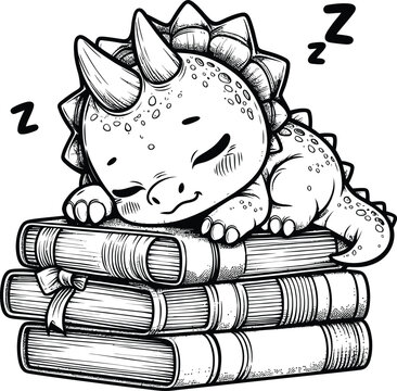 Cute Sleeping Baby Dinosaurs on Stack of Books