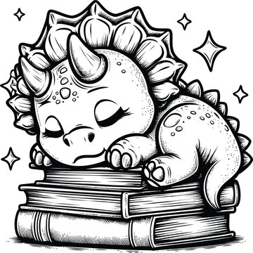 Cute Sleeping Baby Dinosaurs on Stack of Books
