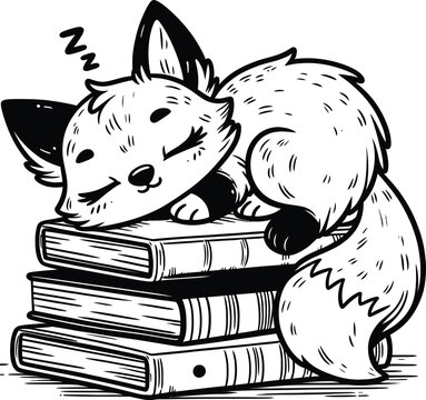 Cute Sleeping Baby fox on Stack of Books