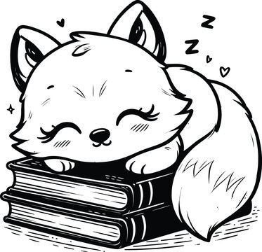 Cute Sleeping Baby fox on Stack of Books