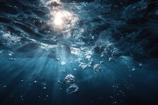 Fototapeta Bubbles beneath the water and sunlight penetrating the ocean surface