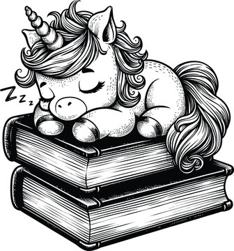 Cute Sleeping Baby unicorn on Stack of Books
