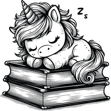 Cute Sleeping Baby unicorn on Stack of Books