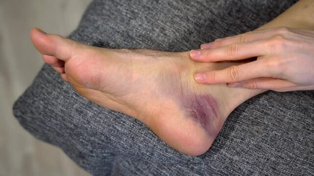 Ankle with deep purple bruise is gently massaged by man hand, shown on soft textured surface. Concept of mindful recovery, managing swelling and pain at home with consistent non-invasive self-care