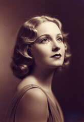 1930s elegance, Blonde woman with wavy hair, dark lips, dreamy expression in evening gown. Classic sophistication