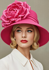 1950s 60s elegance, Blonde woman in a shocking pink hat adorned with a rose, classic makeup, and red lips