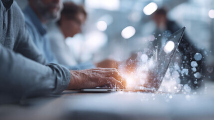 Close up of hands typing on a laptop with data visualization overlays. Illustrates technology, finance, teamwork, innovation, and modern workplace solutions.