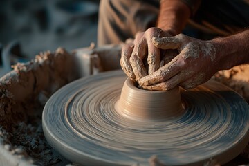 Ceramic artist molding clay on a wheel
