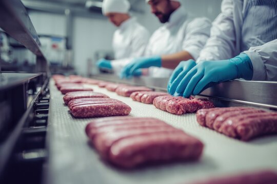 Center area of butchers preparing raw sausages at a meat plant