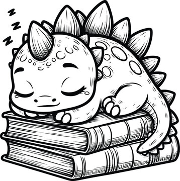 Cute Sleeping Baby Dinosaurs on Stack of Books