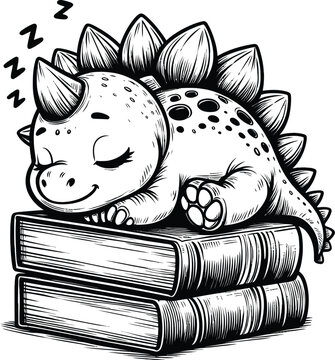 Cute Sleeping Baby Dinosaurs on Stack of Books