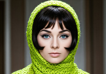1960s style, Woman with bold makeup, bangs, and bob haircut, framed by a lime green hood. Iconic look