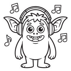 Obraz premium Happy Singing Monster with Big Ears and Music Notes – Fun Cartoon Line Art for Children’s Coloring Page