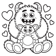  Cute Furry Monster Hugging Teddy Bear with Hearts – Adorable Valentine Cartoon Line Art for Kids Coloring Page