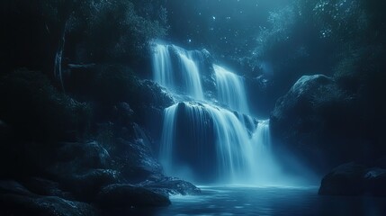 A powerful waterfall cascades under full moonlight in a dense, shadowy forest. Mist rises and water glows blue, creating a mystical, dreamy atmosphere full of calm and awe. Generative Ai