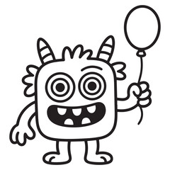 Cute Monster Holding Balloon Smiling Cartoon Line Art for Kids Coloring Page

