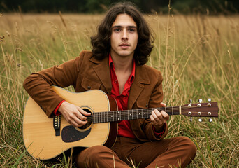 1970s Country Melody, Man with long curly hair, red shirt, and suede jacket, playing acoustic guitar in a field