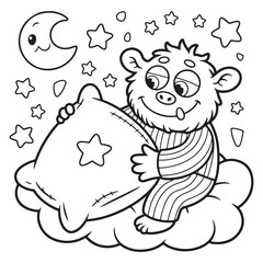 Happy Monster Hugging Star Pillow at Nighttime Line Art for Sleep Coloring Page
