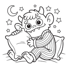 Cute Monster and Child Reading Bedtime Story Under Stars Line Art Illustration
