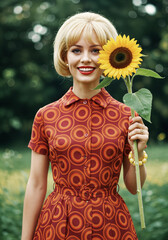 1960s vibes, Blonde woman in a red circle-print dress, holding a sunflower, with an infectious smile. Mod style, summer joy