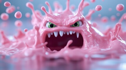 Naklejka premium A vibrant and fierce pink monster emerges from a splashing surface, showcasing its sharp teeth and aggressive expression, embodying a playful yet menacing character.