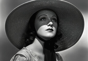 Black and white woman with a wide-brimmed hat casting shadows on her face, 1930s makeup, intense gaze. Classic cinematic style