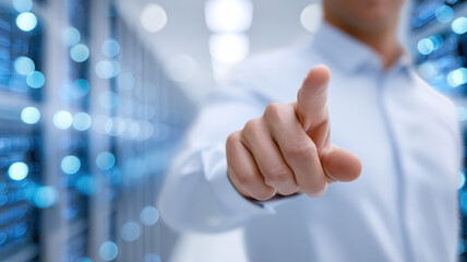 Person in data center points forward, surrounded by blurred blue lights, symbolizing technology and connectivity